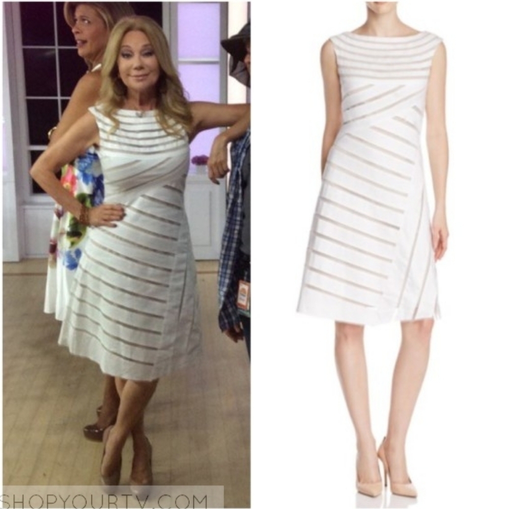 Adrianna Papell White Banded Nude Mesh Multi-Stripe Fit & Flare Mini Dress 6